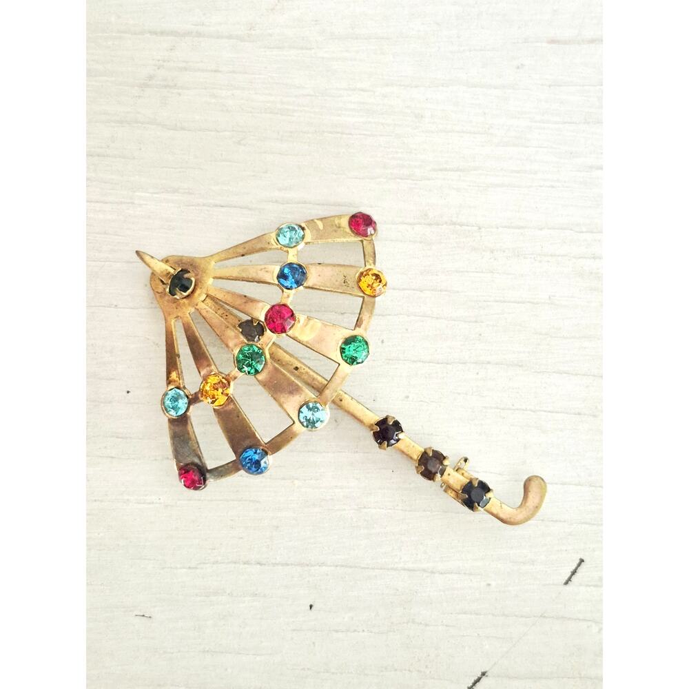 Vintage Multicolor Rhinestone Umbrella Brooch